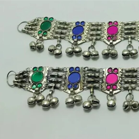 Afghan Anklets, Multicolor Glass Stone Anklets Pair, Anklets With Bells And Glas - Picture 2 of 8